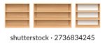 Realistic wooden bookshelf set with empty shelves isolated on white background for storage, interior, home and office design
