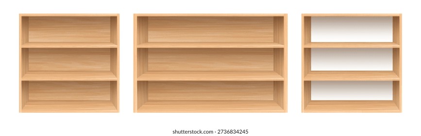 Realistic wooden bookshelf set with empty shelves isolated on white background for storage, interior, home and office design