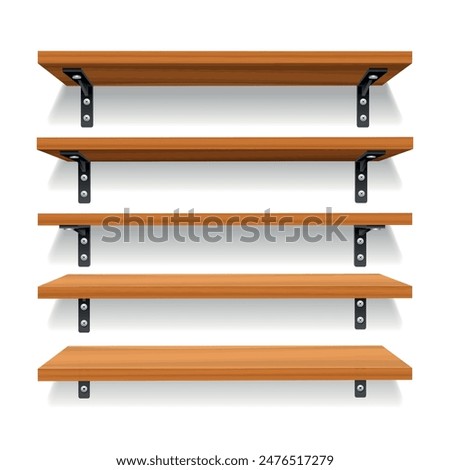 Realistic wooden bookshelves. 3d wall shelves for store or home interior storage isolated vector illustration