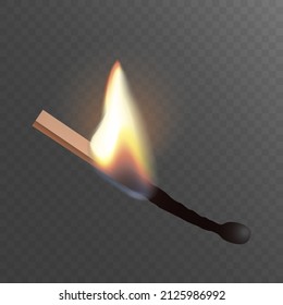 Realistic wooden burning matche stick and flame icon. Vector flat illustration. Design light for print, background, banner