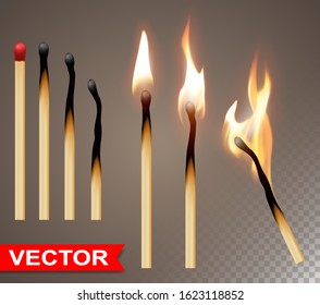 Realistic wooden burning, new, charred and extinct matches with flame. Isolated on gray background. Vector icon set.