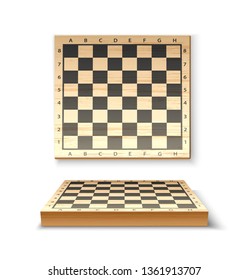 Realistic wooden chessboard. 3d chess competition board. Vector Intellectual leisure activity square. 3d objects for strategic game design.