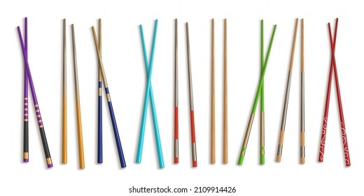 Realistic wooden chopstick designs for asian food, chinese utensils. Traditional japanese bamboo chop sticks for sushi restaurant vector set. Different equipment eating seafood or noodle