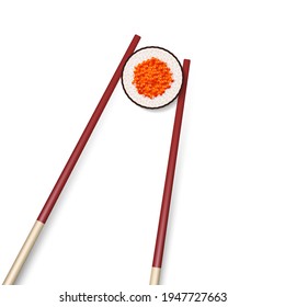 Realistic wooden chopsticks holding sushi roll with red caviar. Vector illustration isolated on white.