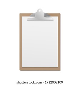 Realistic wooden clipboard with white empty page isolated on white background. Mockup for sketch and business presentation. Vector illustration