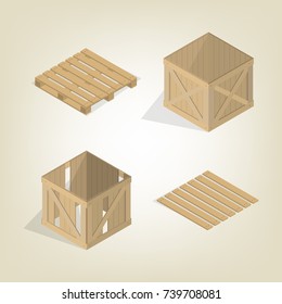 Realistic wooden container for transportation cargo with pallet, isolated on a light background. Flat 3D isometric style, vector illustration.