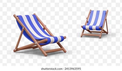 Realistic wooden deck chair for outdoor recreation. Blue and white striped folding lounger. Set of beach furniture in different positions. Empty hammock chair