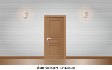 realistic wooden door and wall with lamps. architecture background