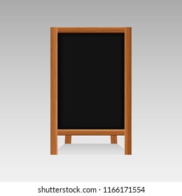 Realistic Wooden Empty Blank Advertising Street Sandwich Stands Sidewalk Signs Black Menu Boards. Black Announcement Board. Vector illustration
