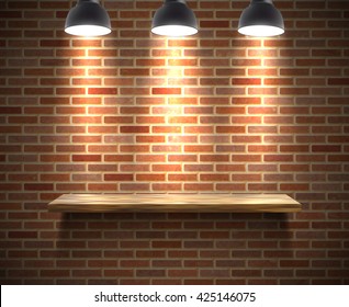 Realistic wooden empty shelf illustration on a brick wall under the spotlight with shadow vector illustration