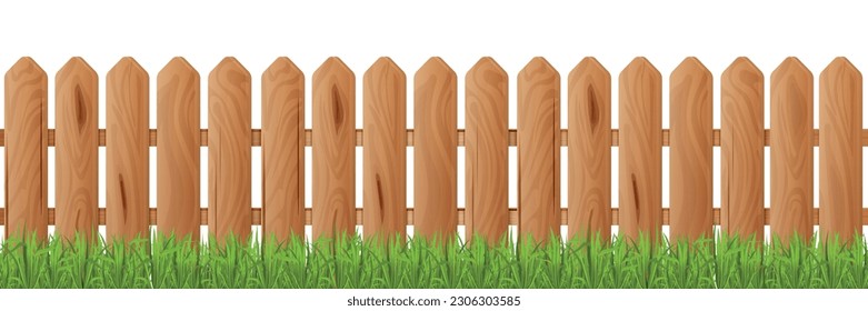 Realistic wooden fence horizontal illustration of simply picket fence with green grass vector illustration