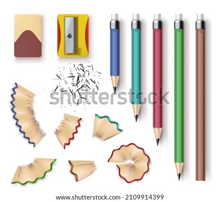 Realistic wooden graphite pencils, sharpener, eraser and shavings. Sharpened pencil sizes, writing and drawing tools. Stationery vector set. Red, green, blue and brown items for learning