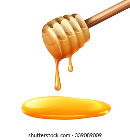 Realistic Wooden Honey Stick With Dense Yellow Drops Vector Illustration