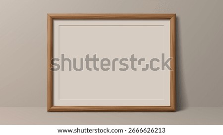 Realistic wooden horizontal frame mock up standing on a table, picture frame with shadow for display.