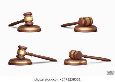 Realistic wooden judge hammer isolated on a white background. Judge's gavel hammer for adjudication. 3D Vector illustration