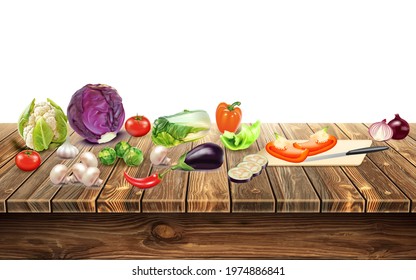 Realistic wooden kitchen table. A set of different vegetables: cabbage, chili, tomato, broccoli, eggplant, onion, garlic, mushrooms, cauliflower. The diet of a vegetarian.