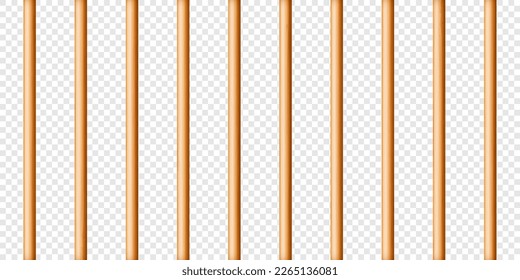 Realistic wooden lattice, rural picket fence. Farm or village house boundary, garden enclosing planks. Detailed wooden jail cage. Criminal background mockup. Creative vector illustration