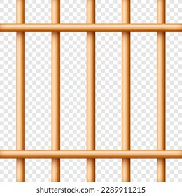 Realistic wooden lattice, rural picket fence. Farm or village house boundary, garden enclosing planks. Detailed wooden jail cage. Criminal background mockup. Creative vector illustration