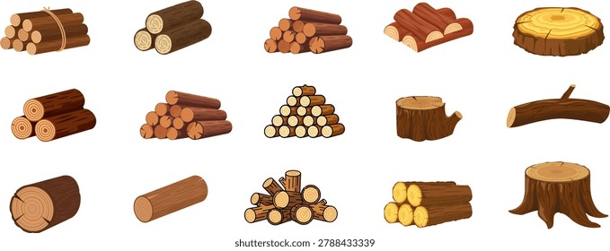 Realistic wooden log, timber and tree trunk vector set isolated on white background. Natural wood elements perfect for forestry, camping, construction, firewood and nature themed designs.