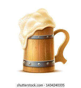 Realistic wooden mug with white froth for oktoberfest festival design. Vector tankard with handle home brew ale, old vintage 3d cup full of fresh alcohol drink