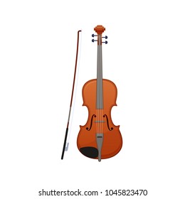 Realistic wooden musical violin, with a wand for playing on it. A beautiful carved classical musical instrument. Stringed bow instrument. Vector illustration isolated.
