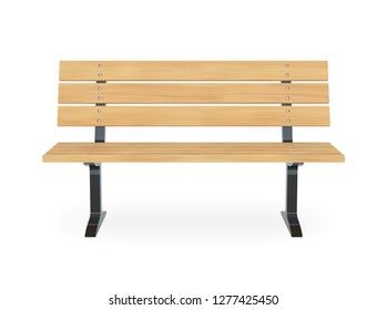 Realistic wooden park bench. Front view vector illustration.