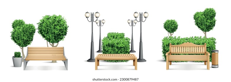 Realistic wooden park benches composition set three wooden benches in different styles stand in park or in the city vector illustration