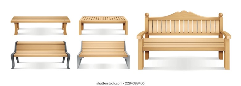 Realistic wooden park benches icon set five different types of benches with and without backrest vector illustration