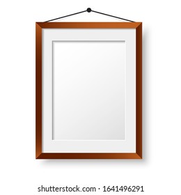 Realistic wooden photo frame mockup.  Wall picture design