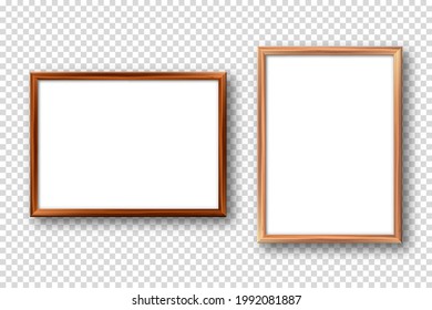 Realistic wooden picture frames with shadow on checkered background. Blank poster mockup. Empty photo frame. Vector illustration.