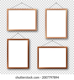 Realistic wooden picture frames with shadow on checkered background. Hanging on a wall blank poster mockup. Empty photo frame. Vector illustration.