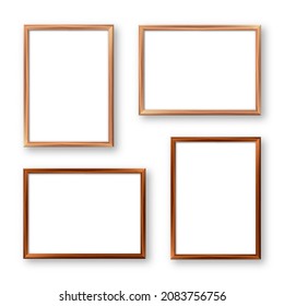 Realistic wooden picture frames with shadow isolated on white background. Blank poster mockup. Empty photo frame. Vector illustration.