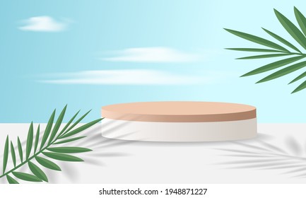 Realistic wooden podium with geometric shapes. podium in a top hat with shadow and green leaves on a background of blue sky with clouds. Podium for product demonstration. vector illustration.