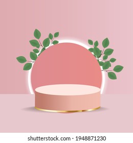 Realistic wooden podium with geometric shapes. podium in a top hat with shadow and green leaves on a background of blue sky with clouds. Podium for product demonstration. vector illustration.