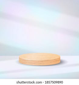Realistic wooden podium on iridescent pastel background with shadow overlay effect. Minimal scene with blank cylinder pedestal for product show. Luxury natural wood platform vector mockup
