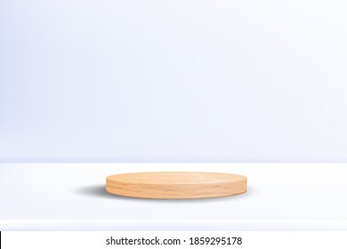 Realistic wooden podium on neutral white background. Minimal scene with blank cylinder pedestal for product show. Luxury natural wood platform vector mockup