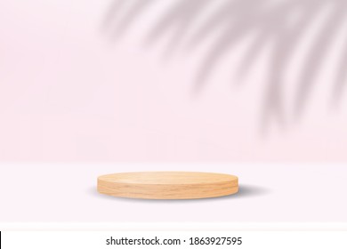 Realistic wooden podium on pastel pink background with tropical shadow overlay effect. Minimal scene with blank cylinder pedestal for product show. Luxury natural wood platform vector mockup