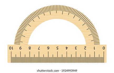 Realistic wooden protractor ruler. Tilt angle meter. Vector measuring tool isolated on the white background
