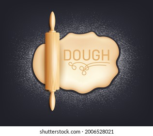 Realistic wooden rolling pin and kneading dough with flour. Design concept for baking, pizza, cookies, biscuits, bread. Dark board background, vector illustration