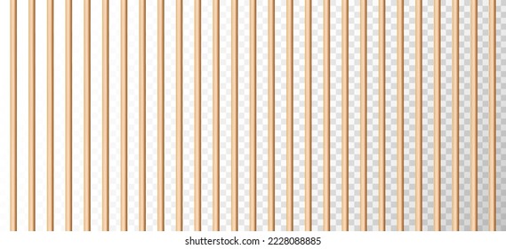 Realistic wooden rural fence isolated on transparent background. Wood fences jail cage. Brown garden planks or lattices. Farm or village enclosure. Vector illusatrtion 