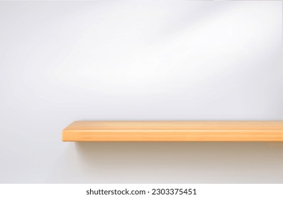 Realistic wooden shelf on a white lighted wall. Minimal scene with yellow table podium for product presentation. Clean shelf for kitchen, bathroom,interior mockup. Vector 3d illustration