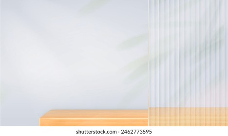 Realistic wooden shelf with plant shadow white background. Minimal scene with yellow table podium for product presentation. Clean blank shelf kitchen, bathroom,interior mockup. Vector 3d illustration