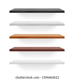 Realistic wooden shelf set. Isolated black, white and brown vector shelves