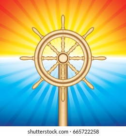 Realistic wooden ship steering wheel with sea sunset on background..