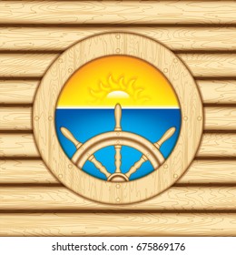 Realistic wooden ship steering wheel with sea sunset on background.