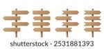 Realistic Wooden Sign Post Set. Realistic Blank Road Signboard. Plywood Pointer, Timber, Directional Sign Design Template, Front View. Vector Illustration in 3D Style