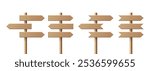 Realistic Wooden Sign Post Set. Realistic Blank Road Signboard. Plywood Pointer, Timber, Directional Sign Design Template, Front View. Vector Illustration in 3D Style