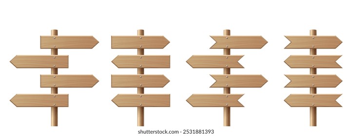 Conjunto de postes de madera realista. Letrero realista de la carretera en blanco. Puntero de madera contrachapada, madera, Plantilla de diseño de señalización direccional, vista frontal. Ilustración vectorial en estilo 3D