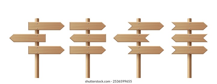 Realistische hölzerne Schild Post Set. Realistisches leeres Straßenschild. Sperrholzzeiger, Holz, Entwurfsvorlage für Richtungsschilder, Vorderansicht. Vektorgrafik im 3D-Stil