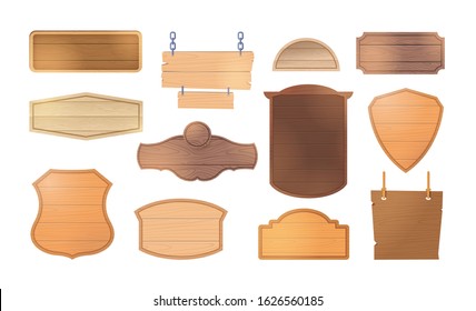 Realistic wooden signage. Set of wooden sign boards for sales prices, pub, restaurant vector illustration